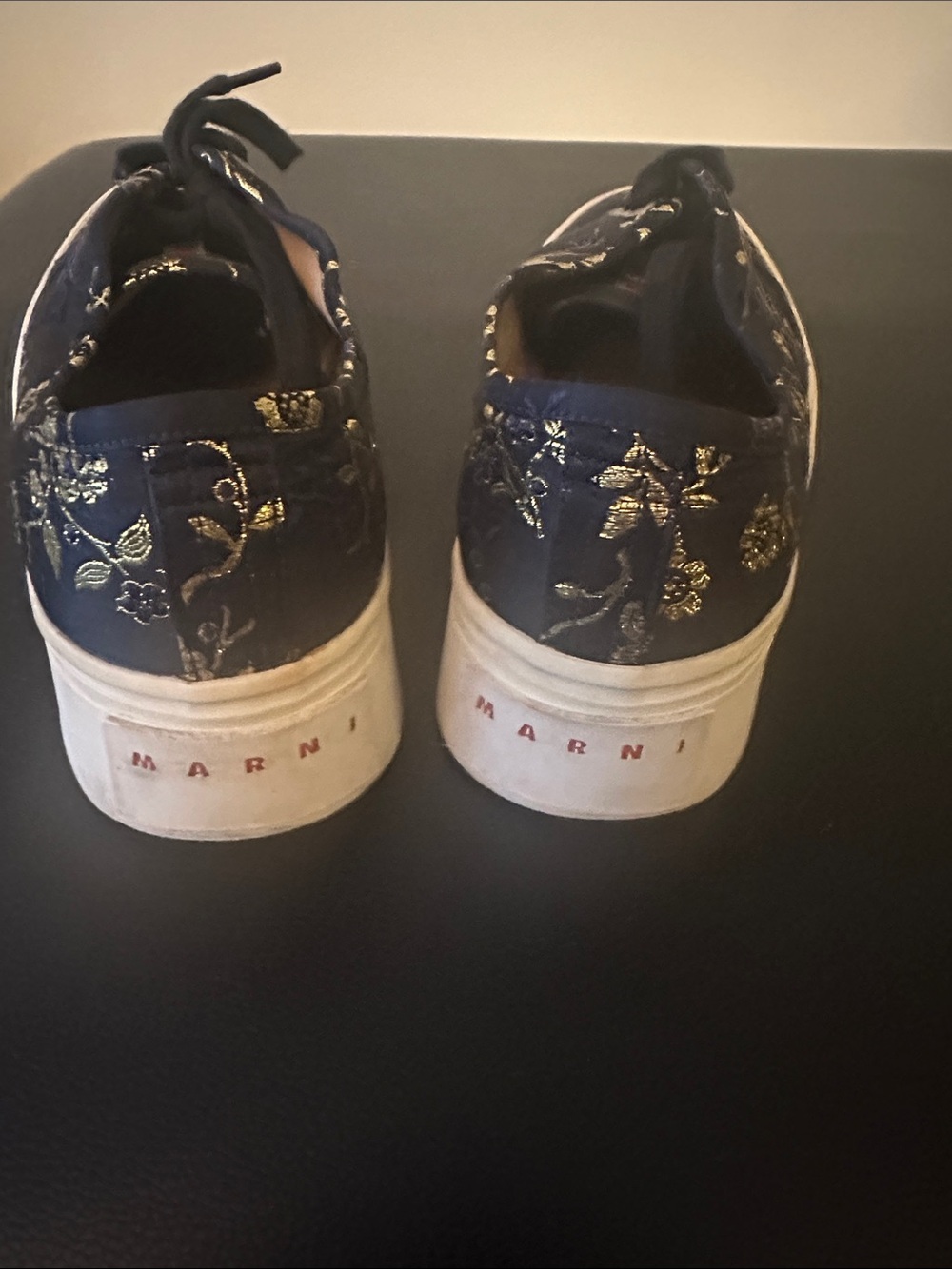 Marni Navy Sneakers with Gold Floral Embroidery